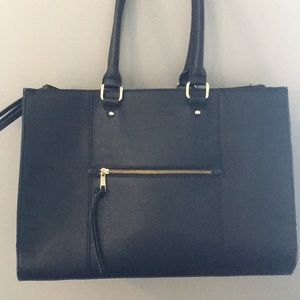 Black faux leather 2-way bag with gold accents